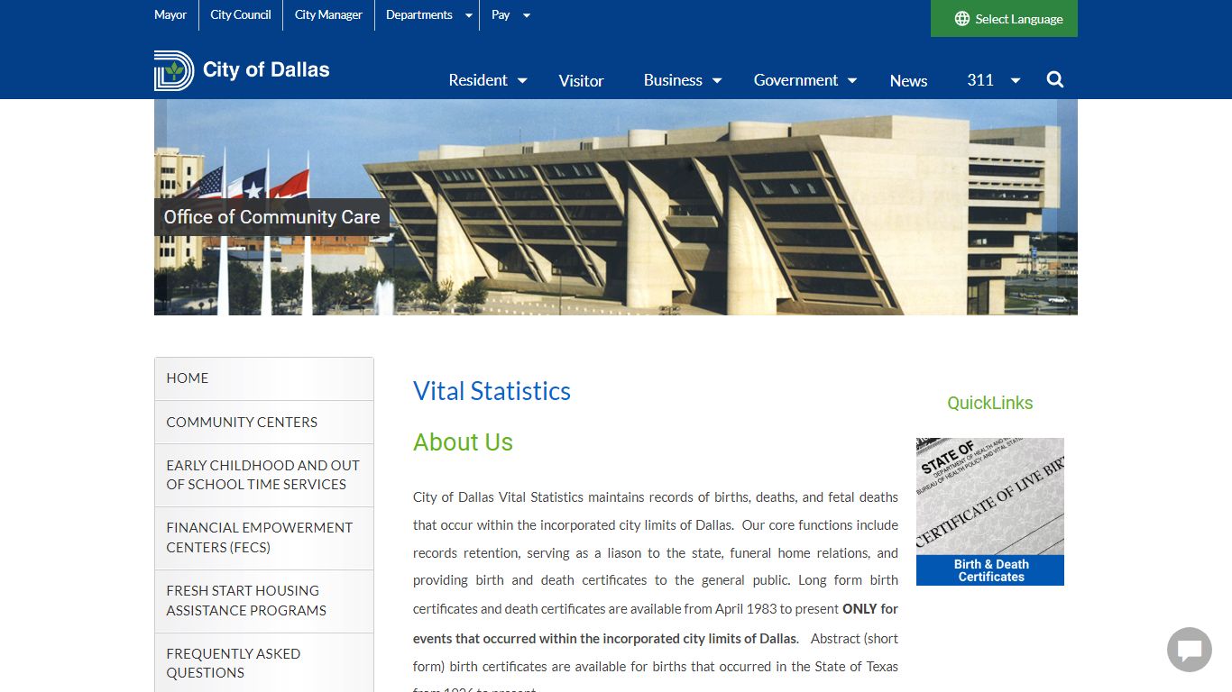 Vital Statistics - Dallas City Hall